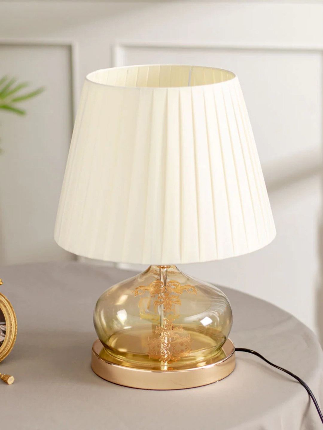 

THEDECORKART Gold Toned & White Textured Frustum Shaped Metal Table Lamp