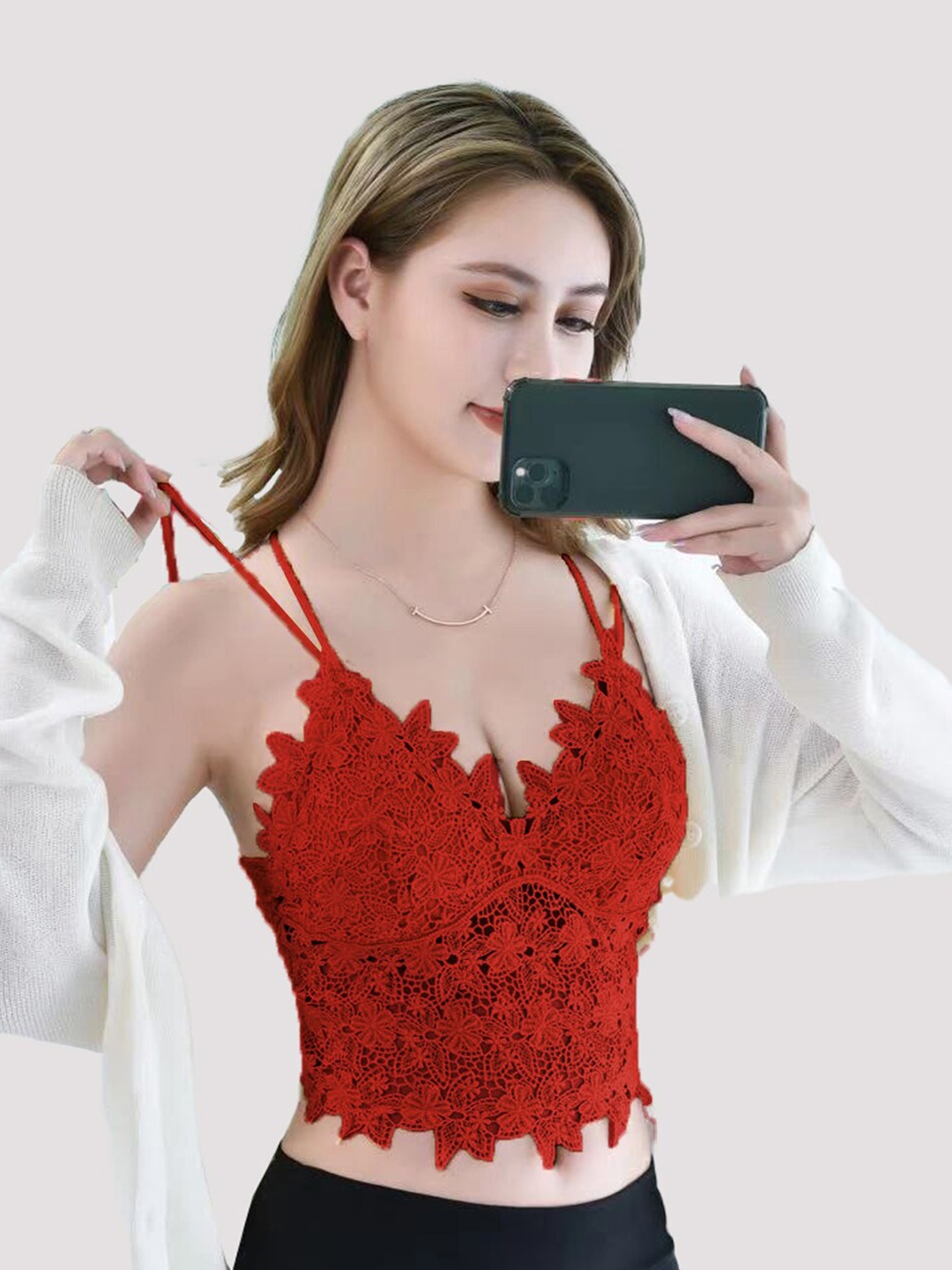 

FIMBUL Floral Lace Half Coverage Lightly Padded Bralette Bra With All Day Comfort, Red