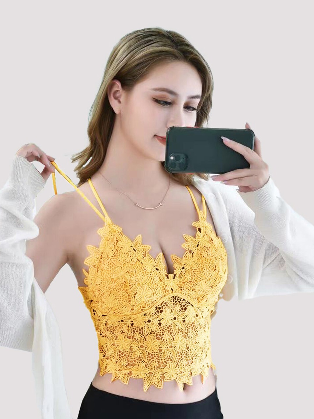 

FIMBUL Floral Bralette Bra Half Coverage Lightly Padded, Yellow