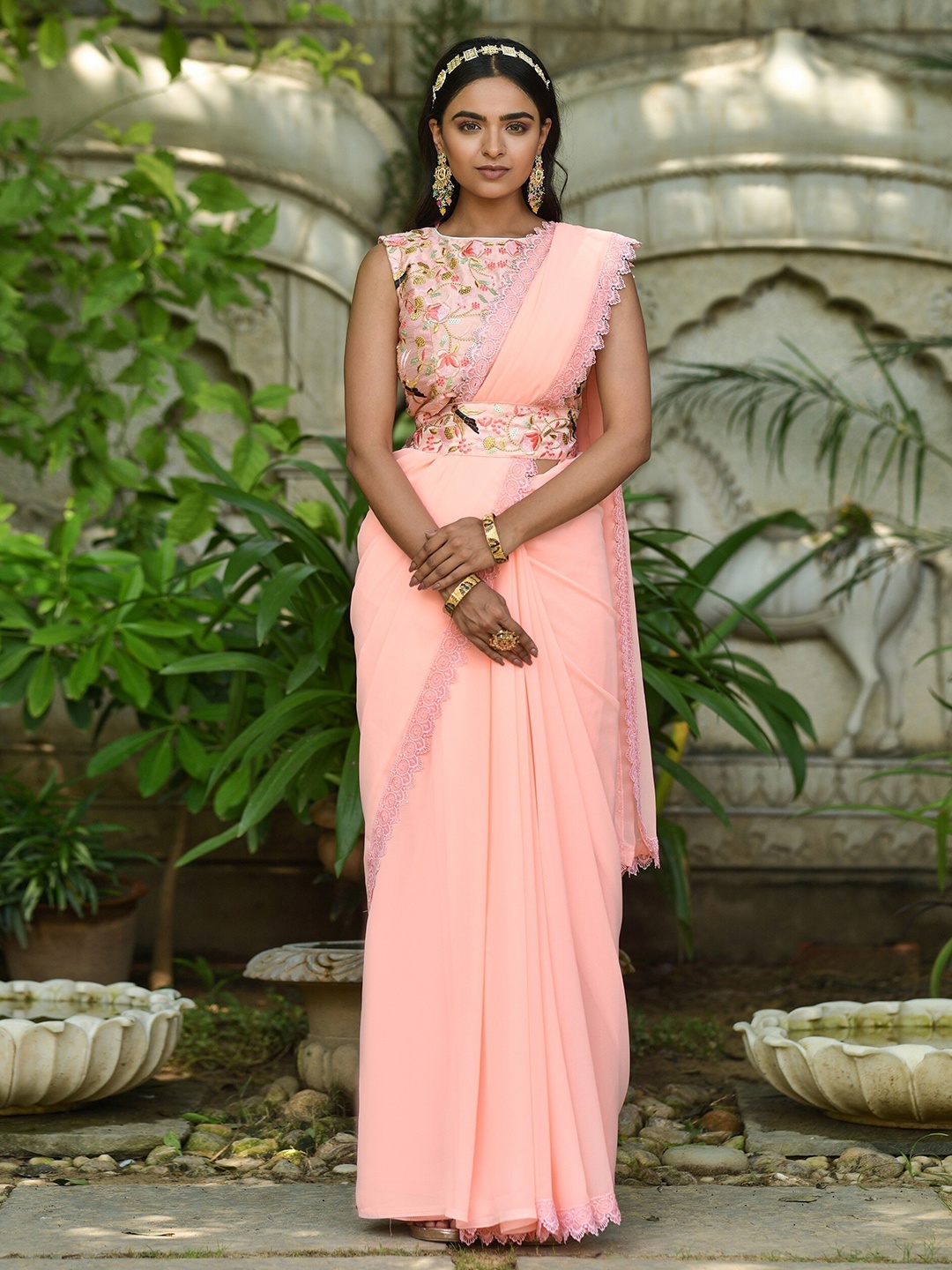 

TEEYA CREATION Pure Georgette Belted Saree, Peach