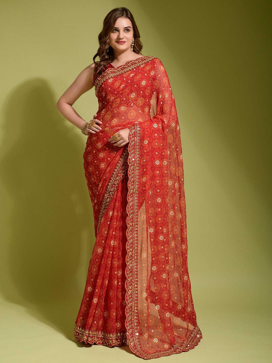 

TEEYA CREATION Floral Printed Embroidered Pure Georgette Saree, Red