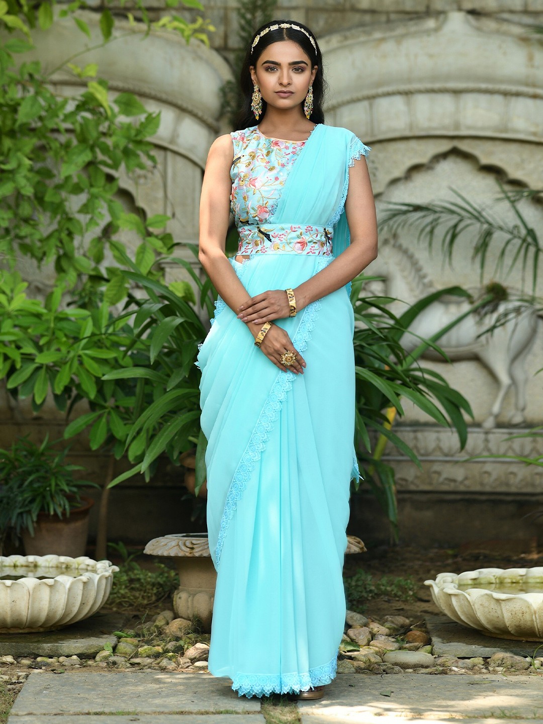 

TEEYA CREATION Pure Georgette Belted Saree, Blue