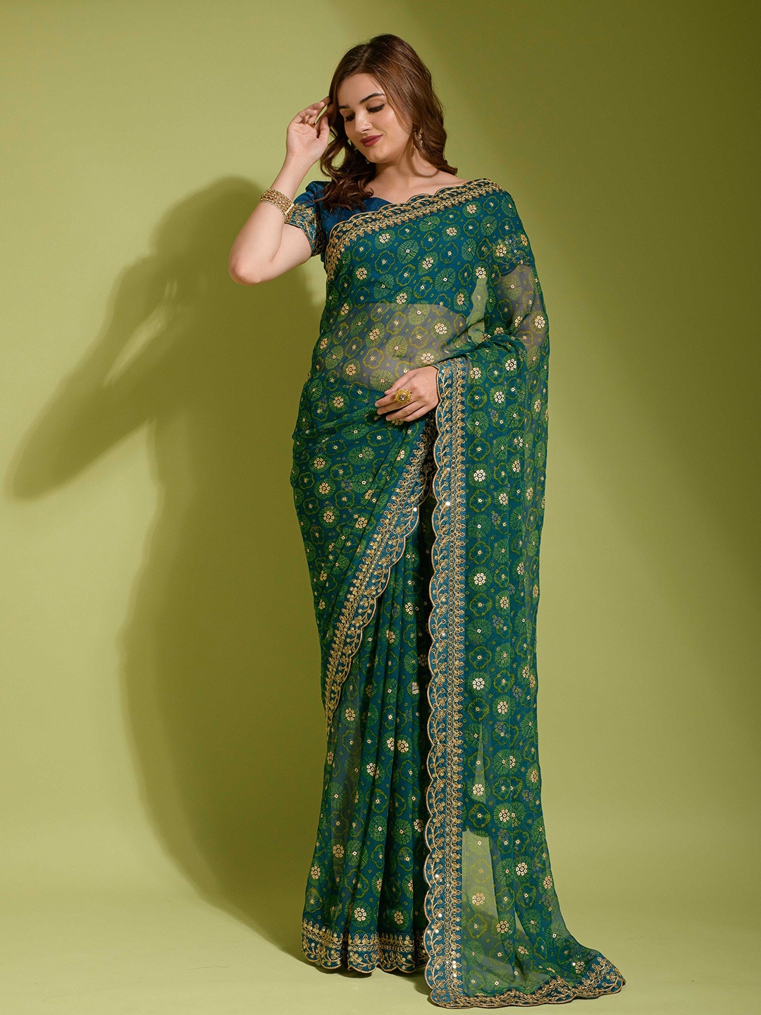 

TEEYA CREATION Floral Embroidered Pure Georgette Saree, Teal