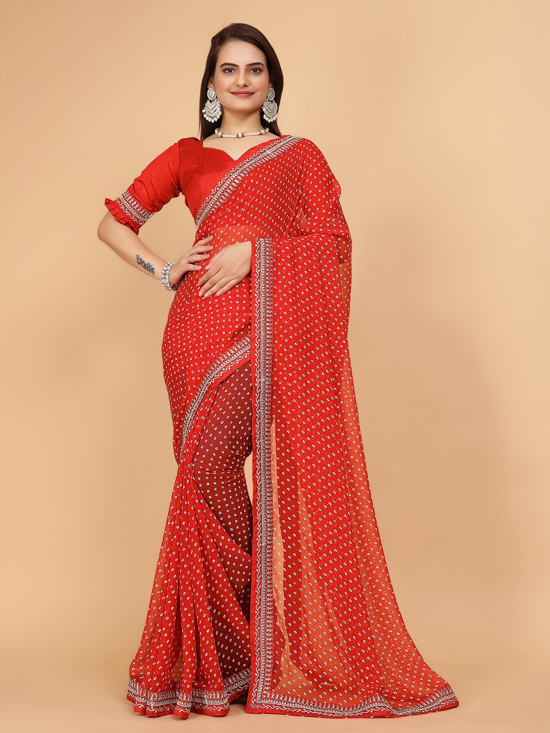 

TEEYA CREATION Bandhani Embroidered Pure Georgette Saree, Red