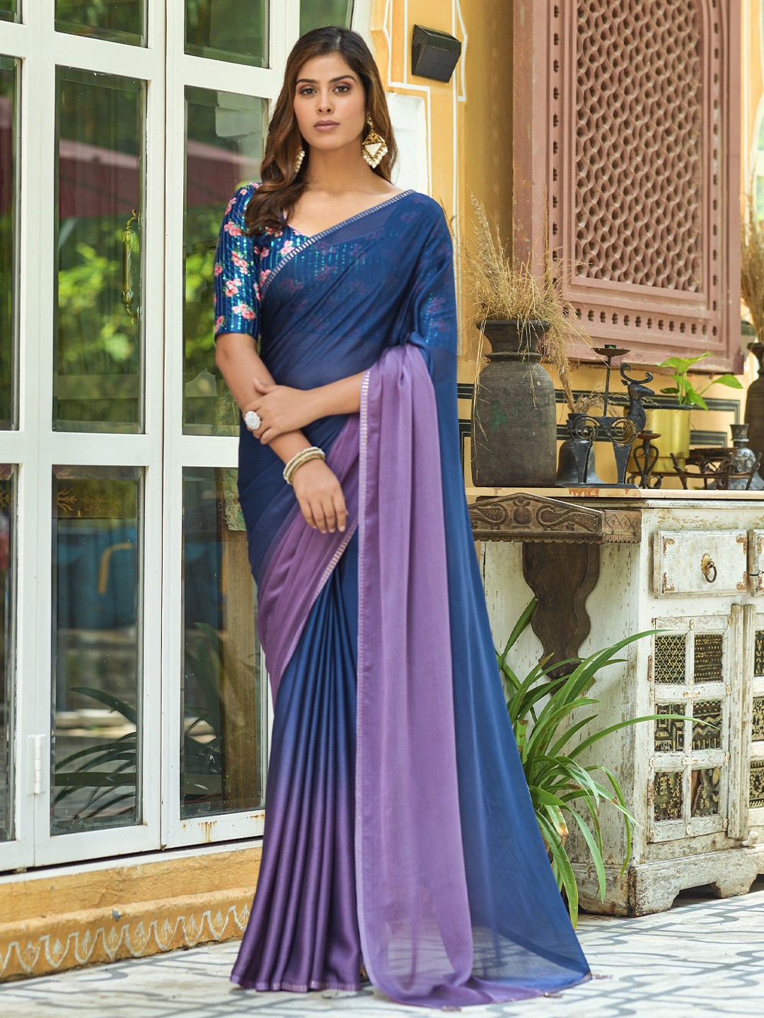 

TEEYA CREATION Sequinned Pure Georgette Saree, Purple