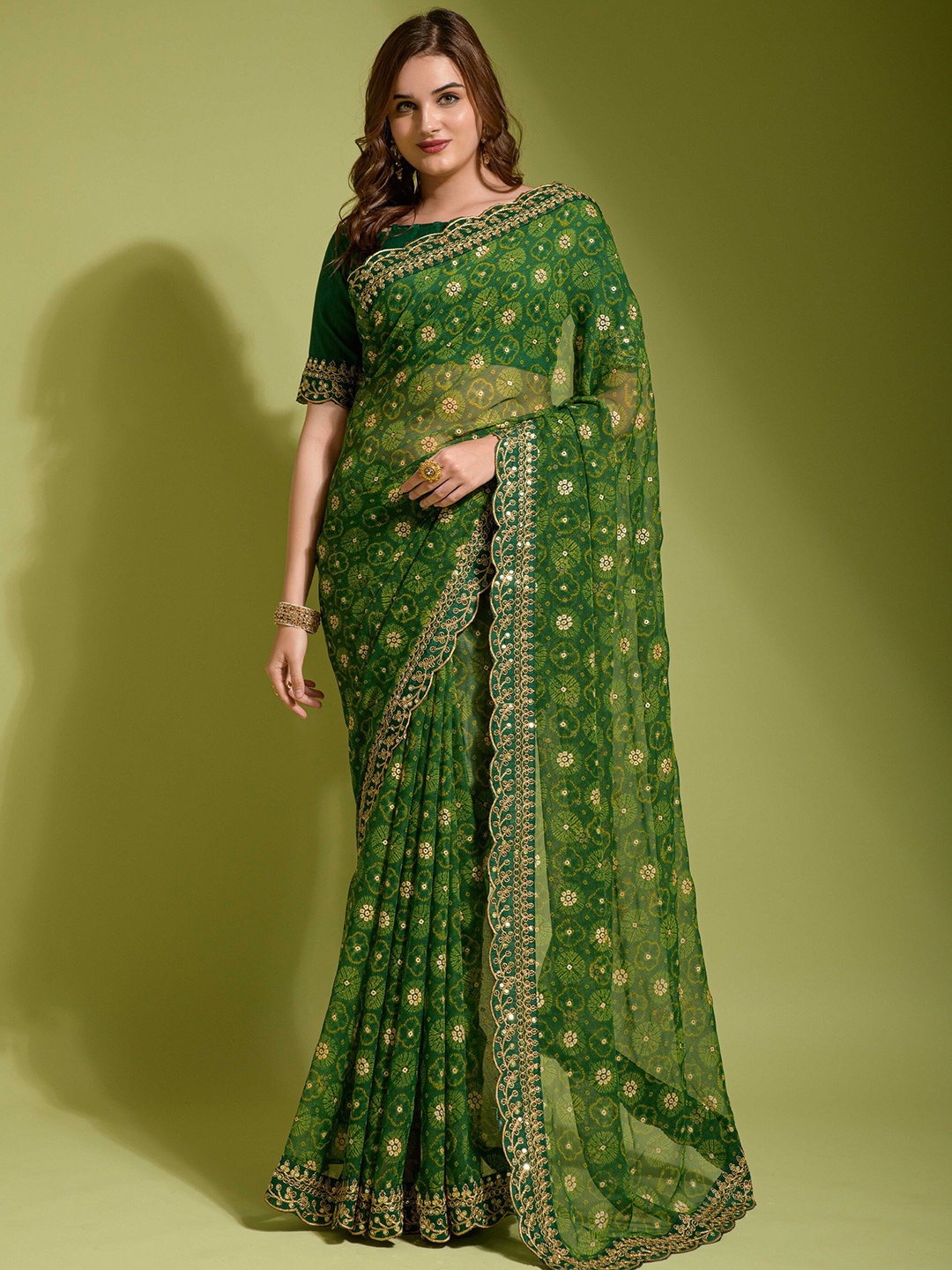 

TEEYA CREATION Floral Printed Sequinned Pure Georgette Saree, Green