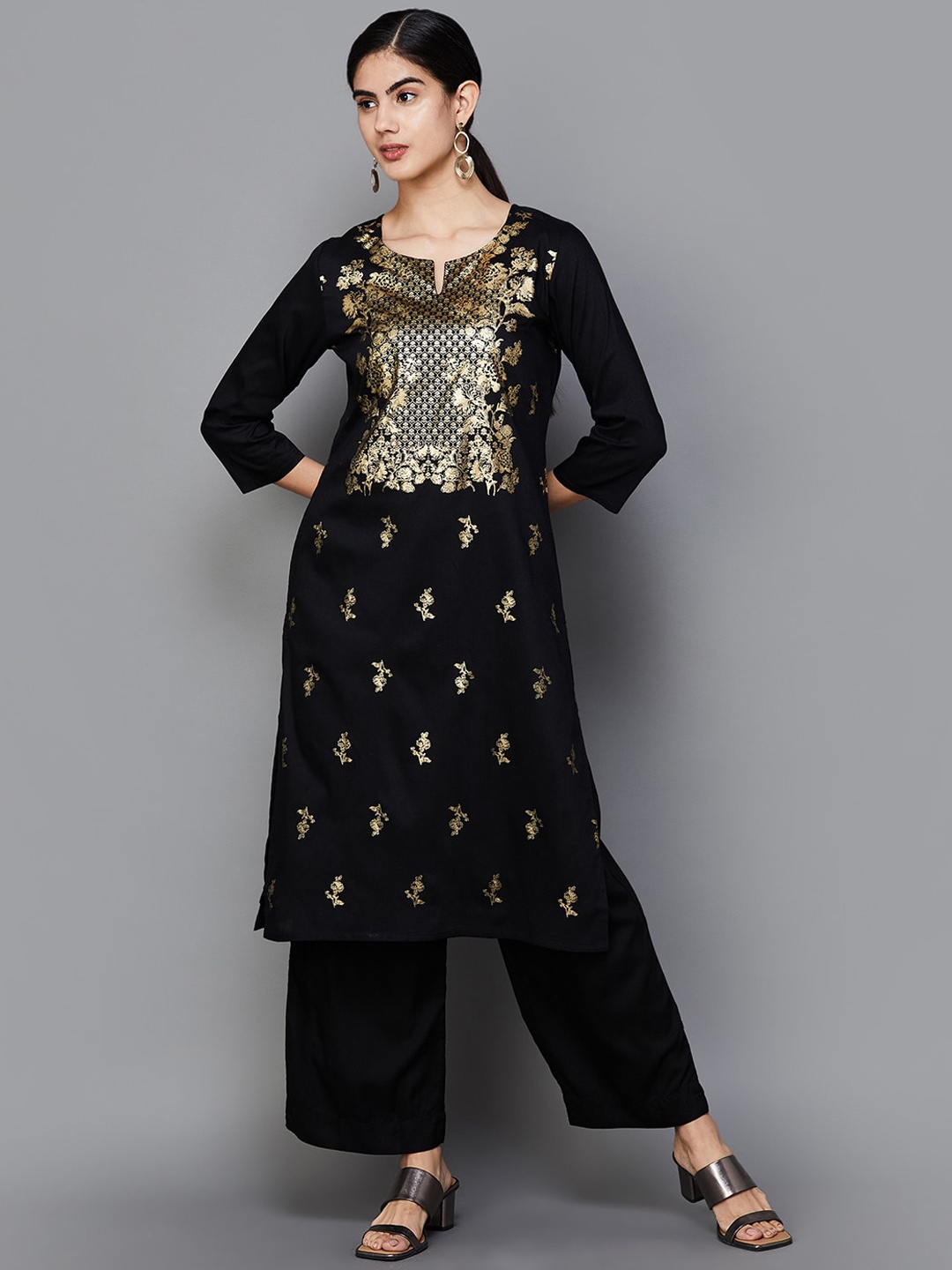 

Melange by Lifestyle Floral Printed Straight Kurta, Black