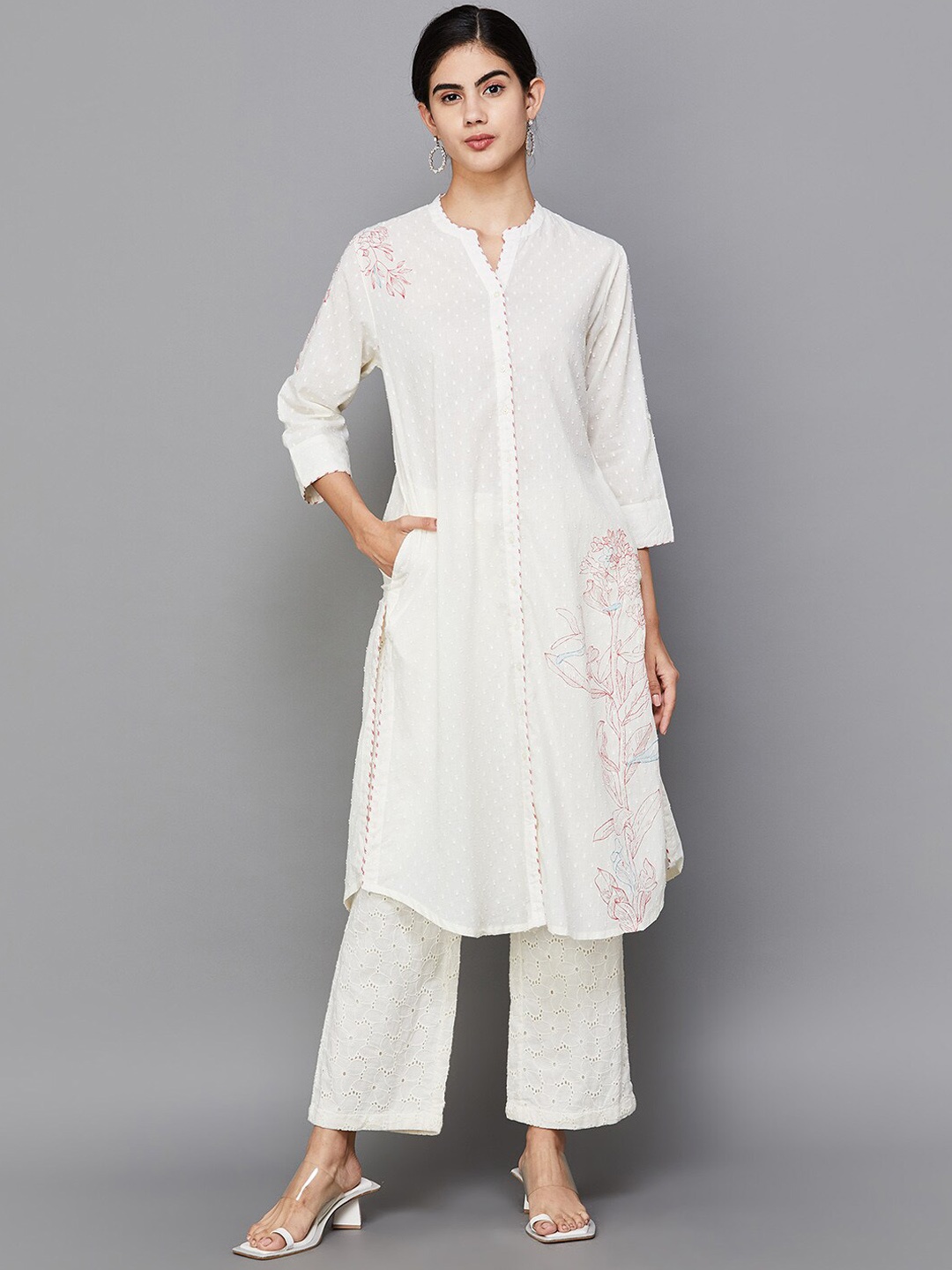 

Melange by Lifestyle Floral Printed Pure Cotton Thread Work Kurta, Off white