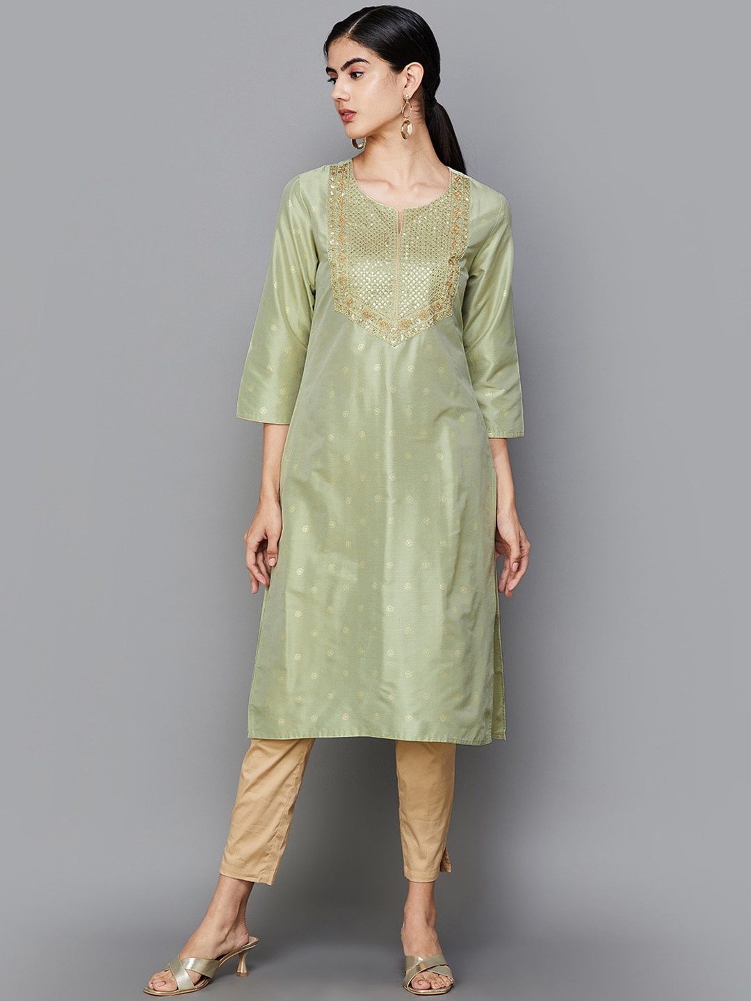 

Melange by Lifestyle Floral Woven Design Notched Neck Sequinned Straight Kurta, Sea green