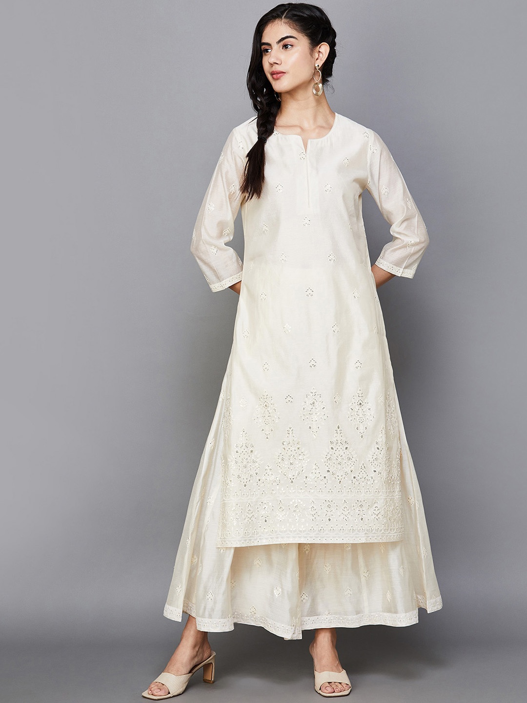 

Melange by Lifestyle Women Ethnic Motifs Embroidered Regular Thread Work Chanderi Silk Kurta with Palazzos &, Off white