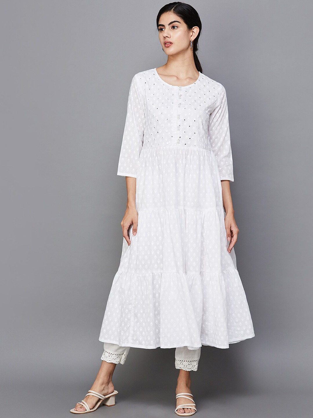 

Melange by Lifestyle Ethnic Motifs Printed Pure Cotton Mirror Work Kurta, Off white