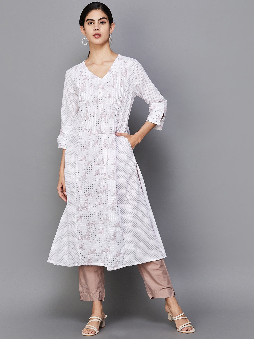 

Melange by Lifestyle Floral Printed Pure Cotton Kurta, White