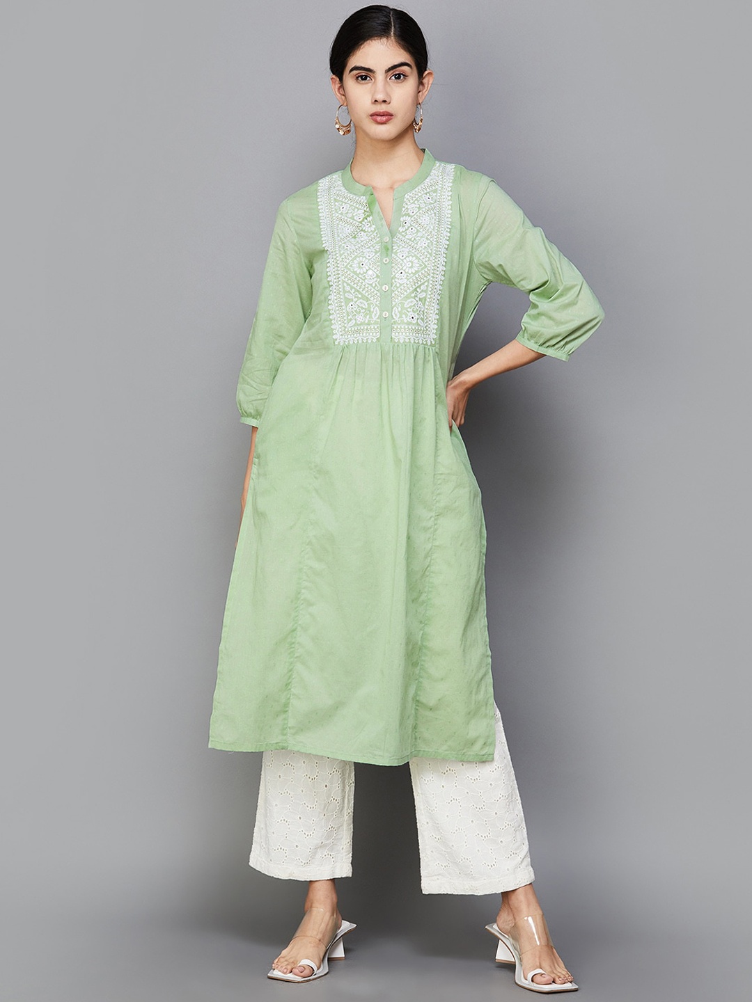 

Melange by Lifestyle Yoke Design Mandarin Collar Pure Cotton A-Line Kurta, Green