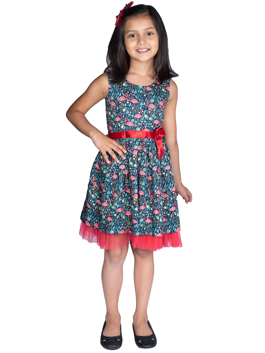 

RIBBON CANDY Kid Floral Printed Cotton Fit Flare Dress with Tic Tac Hair Pin, Navy blue
