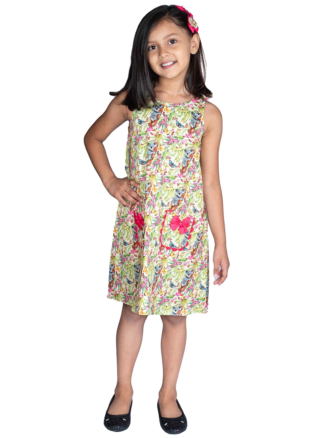 

RIBBON CANDY Kid Floral Printed Cotton A-Line Dress with Tic Tac Hair Pin, White