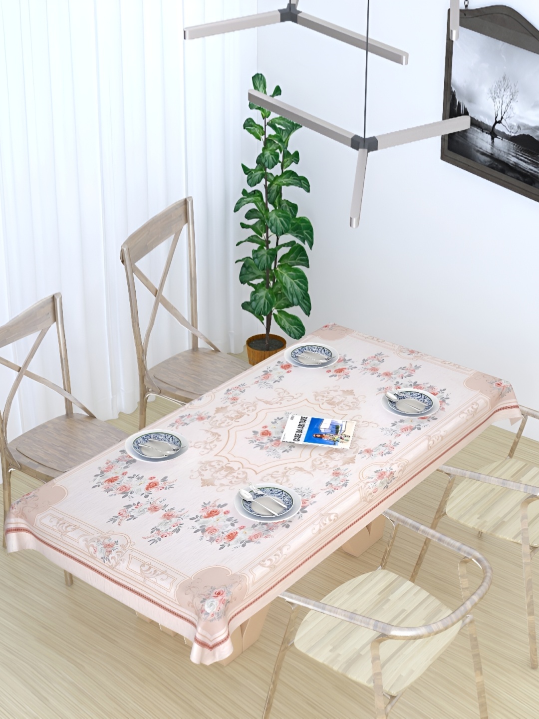 

MONKDECOR White Floral Cotton 6-Seater Table Cover