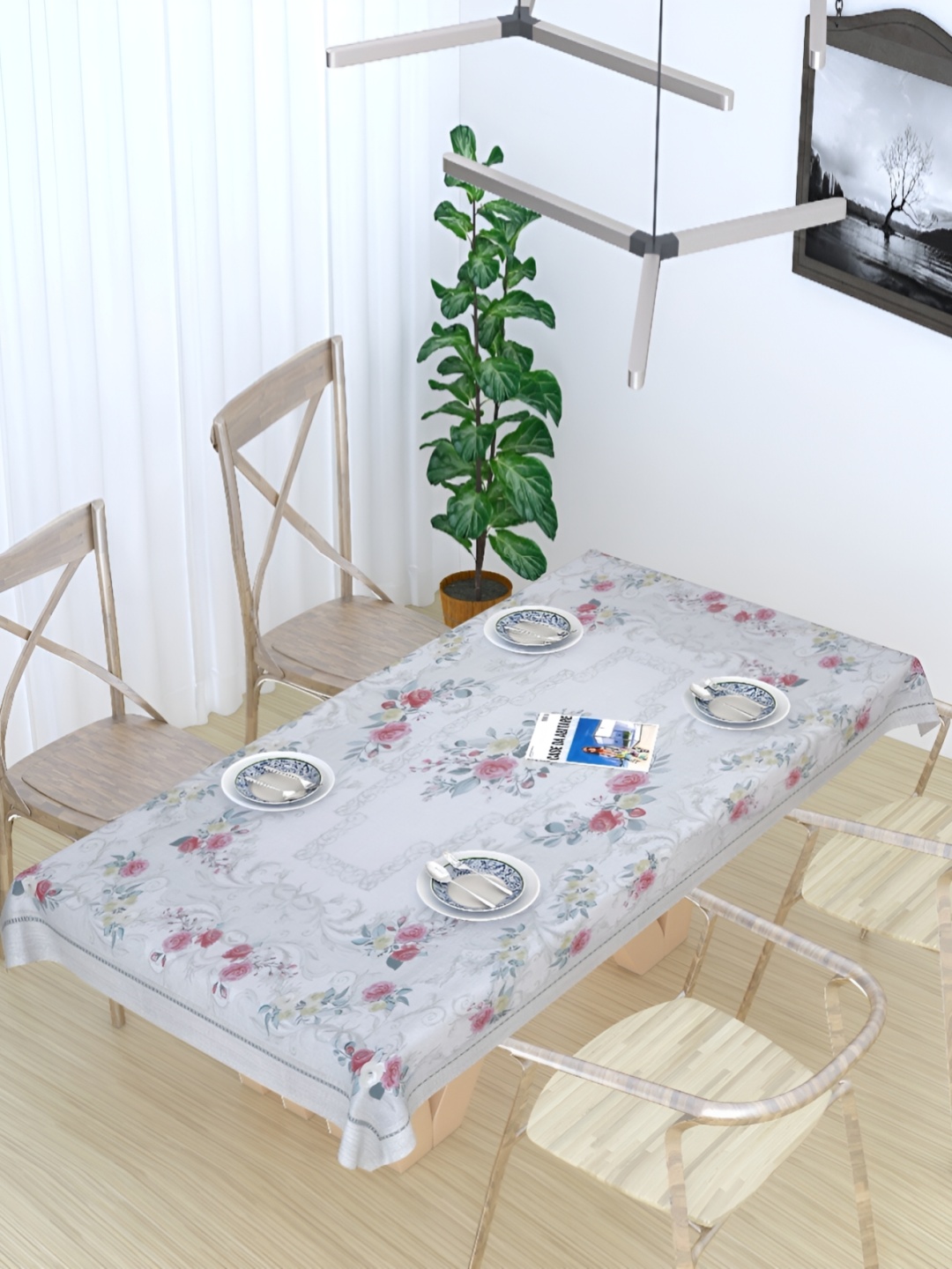 

MONKDECOR White Floral Cotton 6-Seater Table Cover