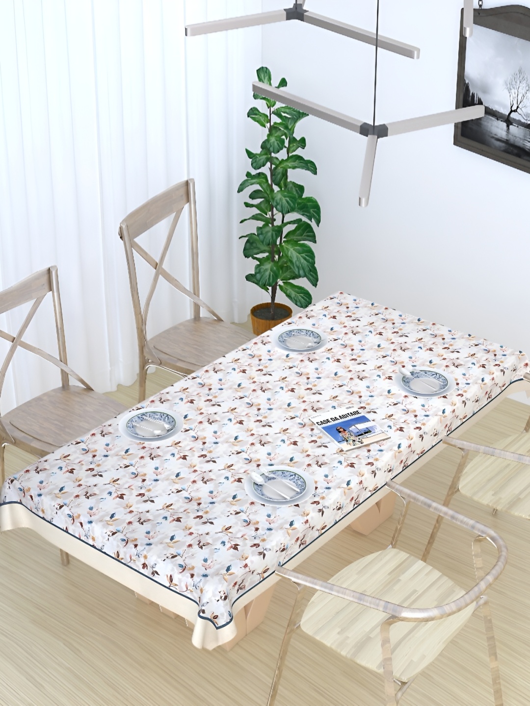 

MONKDECOR White & Blue Floral Cotton 6-Seater Rectangle Table Cover