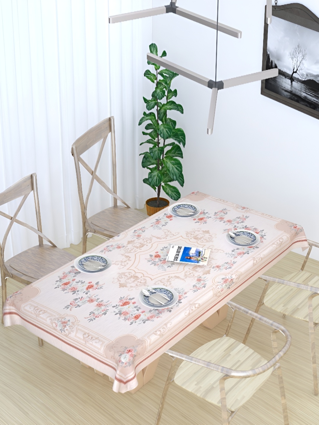 

MONKDECOR White Floral Cotton 8-Seater Table Cover