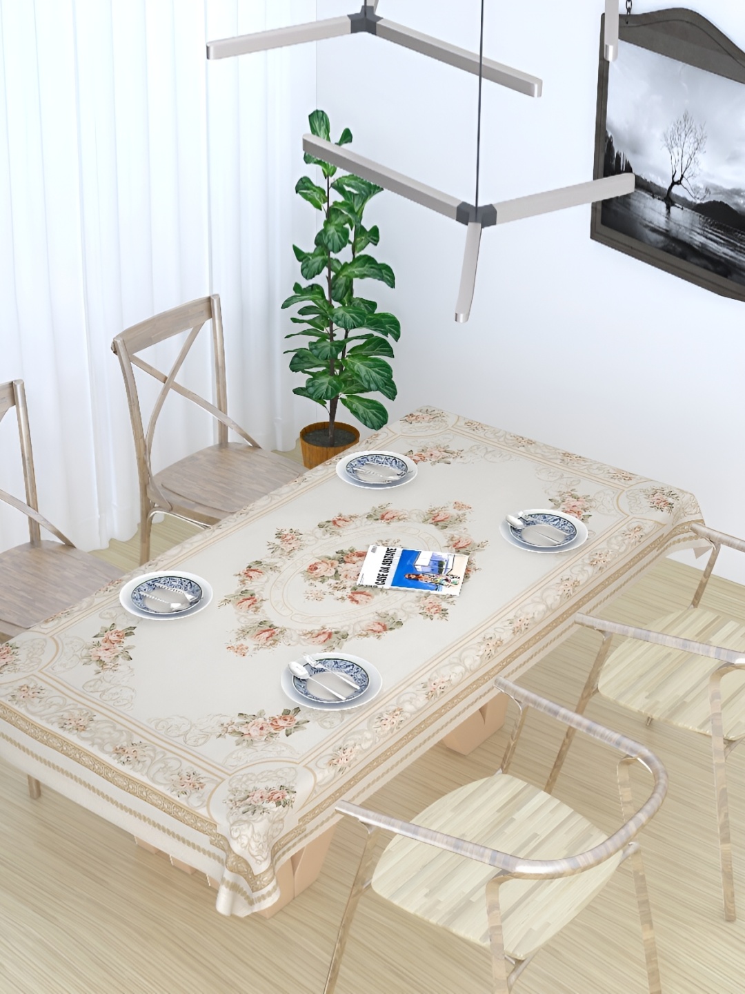

MONKDECOR White Floral Cotton 2-Seater Table Cover