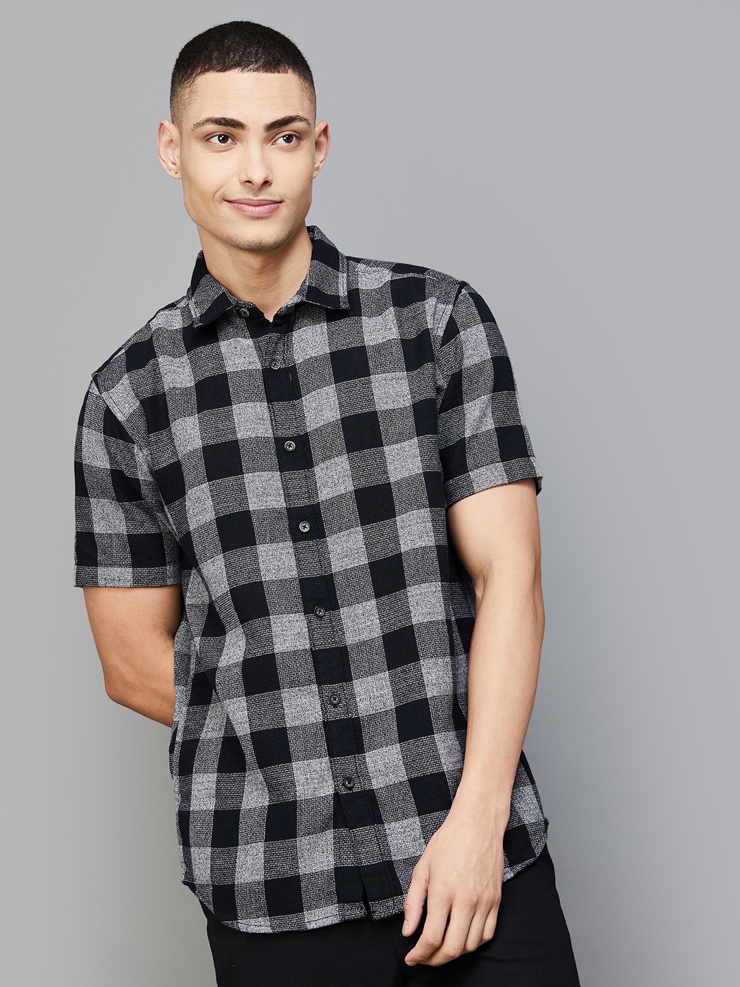 

Fame Forever by Lifestyle Gingham Checked Short Sleeves Cotton Casual Shirt, Black