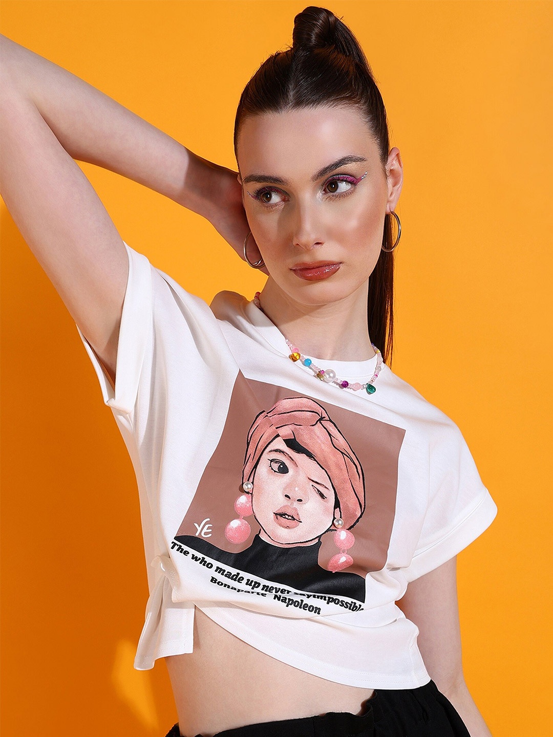 

SHECZZAR Graphic Printed Extended Sleeves Cotton Crop Top, White