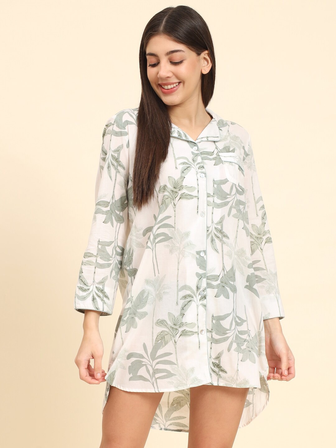 

HERE&NOW Floral Printed Lapel Collar Shirt Nightdress, White
