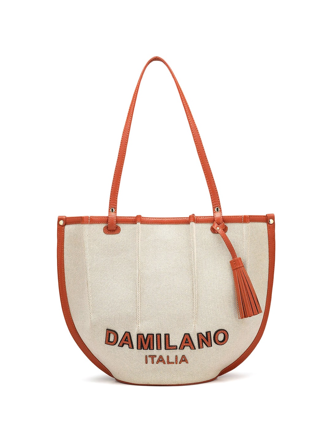 

Da Milano Typography Printed Leather Half Moon Shoulder Bag with Tasseled, Beige