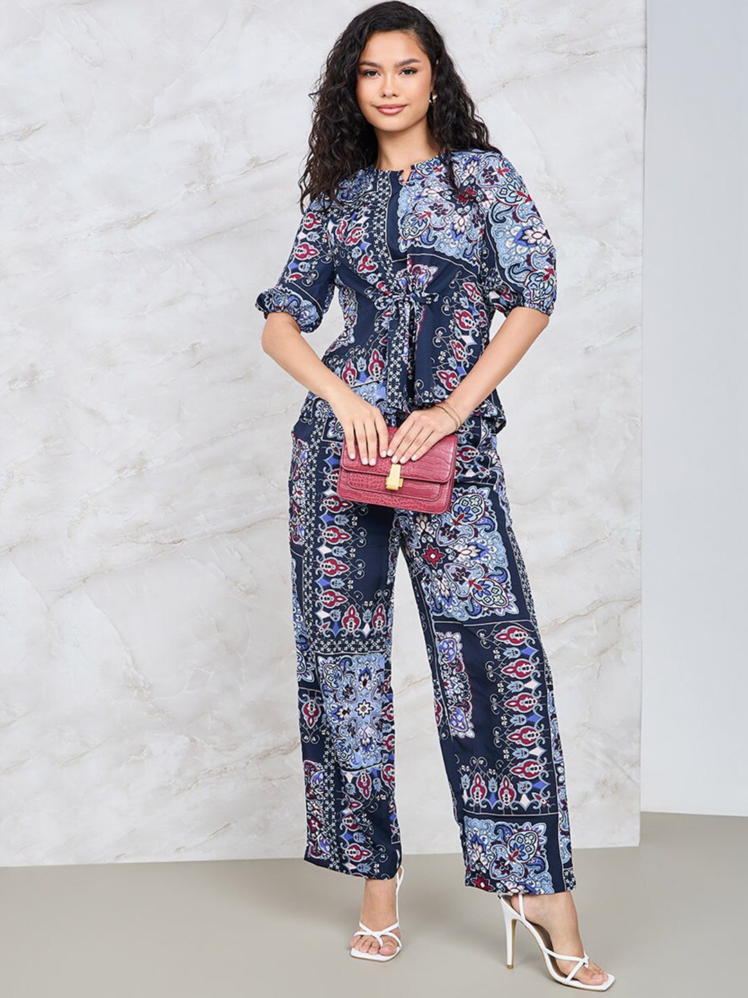 

Styli Printed Top & Trousers Co-Ord, Navy blue