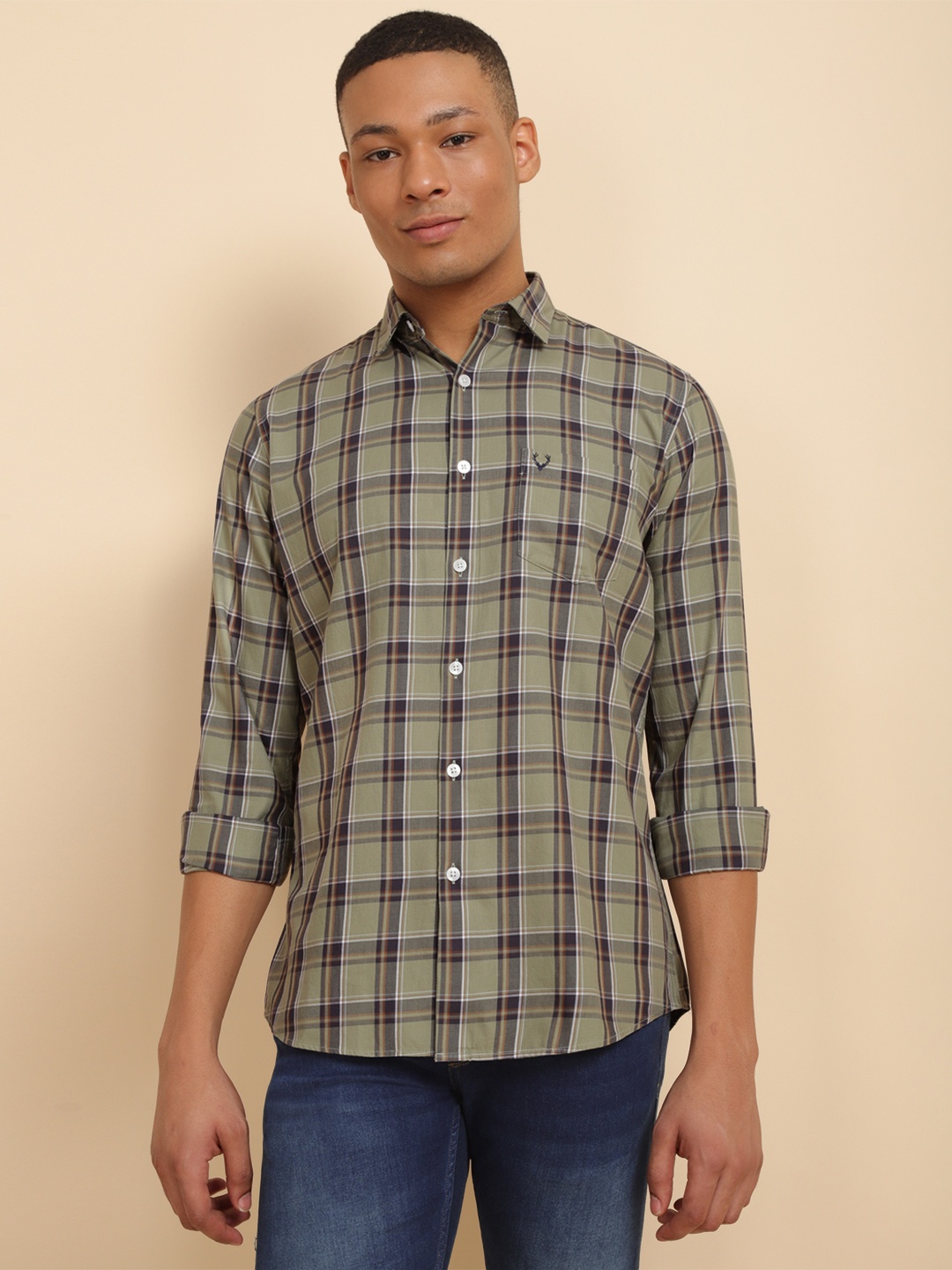 

Allen Solly Slim Fit Tartan Checked Casual Pure Cotton Shirt, Olive
