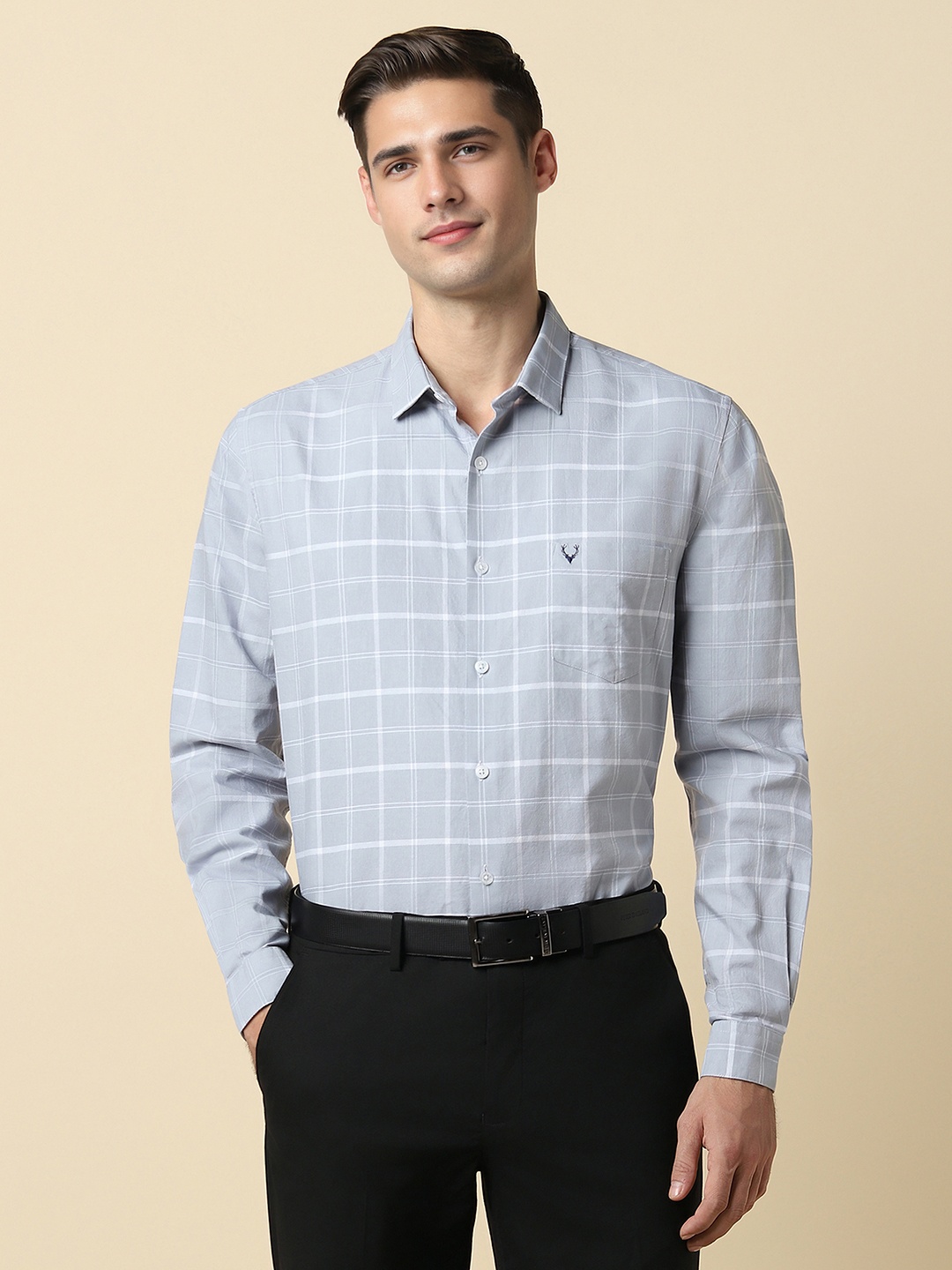 

Allen Solly Slim Fit Buffalo Checked Spread Collar Pure Cotton Formal Shirt, Grey