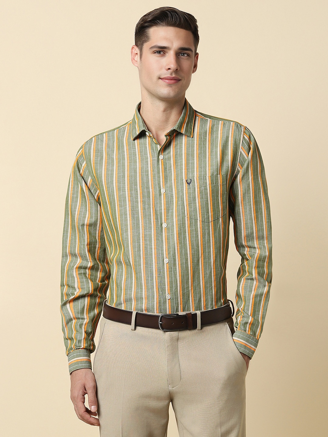 

Allen Solly Spread Collar Slim Fit Opaque Striped Cotton Formal Shirt, Green