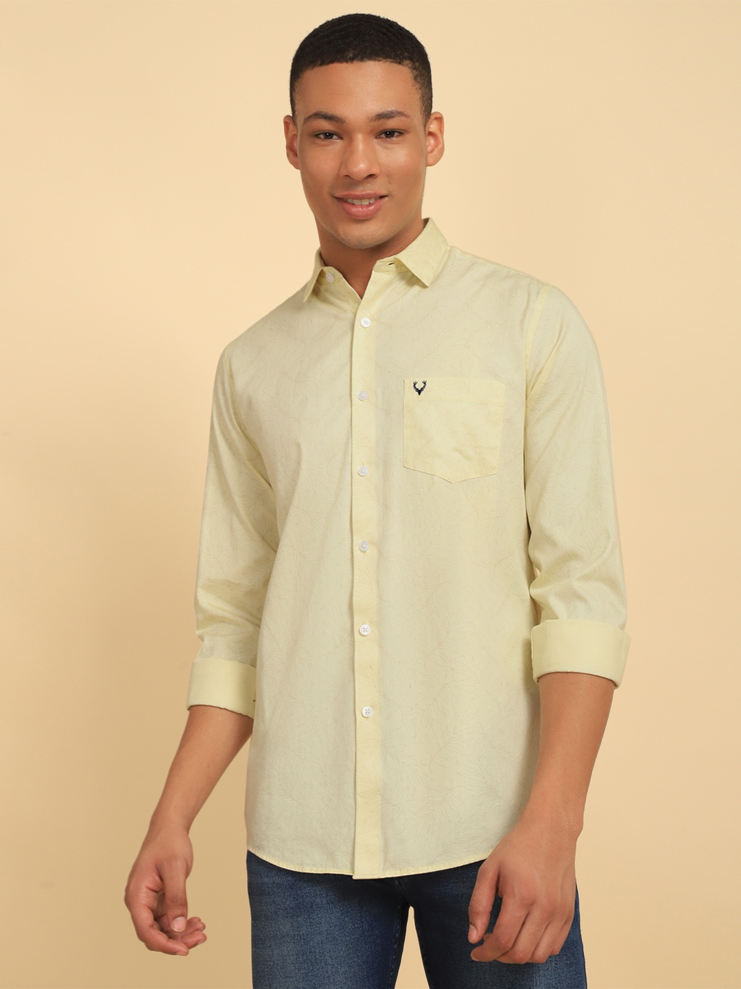

Allen Solly Slim Fit Floral Printed Spread Collar Pure Cotton Formal Shirt, Yellow
