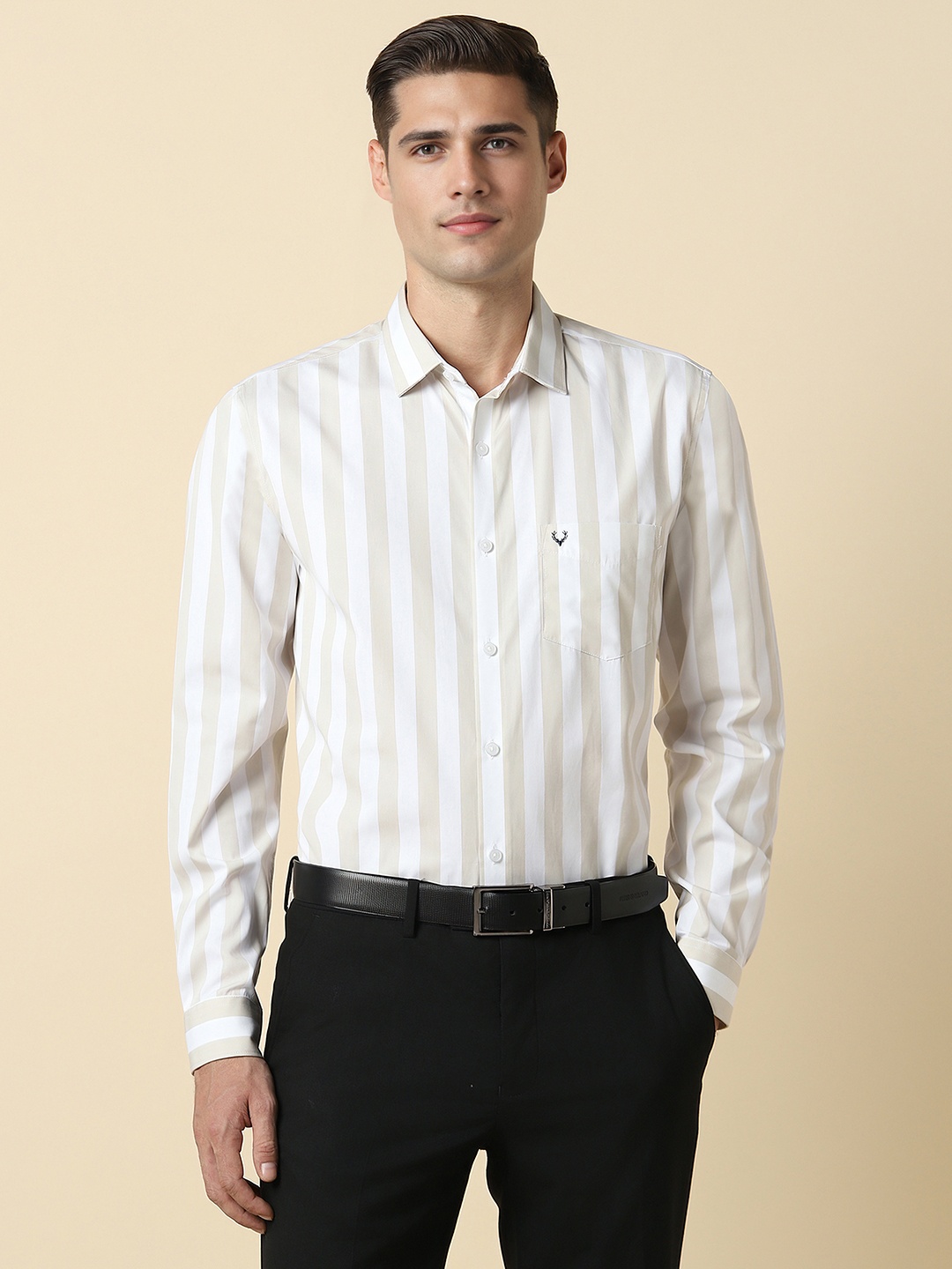 

Allen Solly Striped Spread Collar Curved Cotton Slim Fit Formal Shirt, Beige