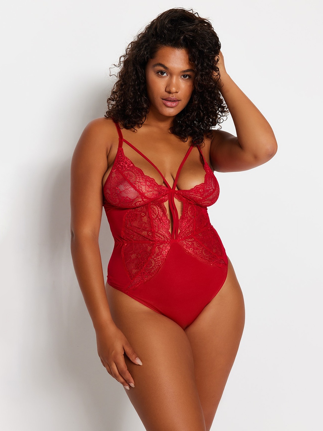 

Trendyol Women Self Design Sweetheart Neck Bodysuit, Red