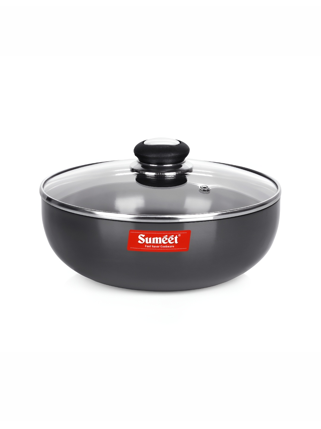 

Sumeet Black & Silver Toned Aluminium Dishwasher Safe Tasla with Glass Lid 2.85 Ltr