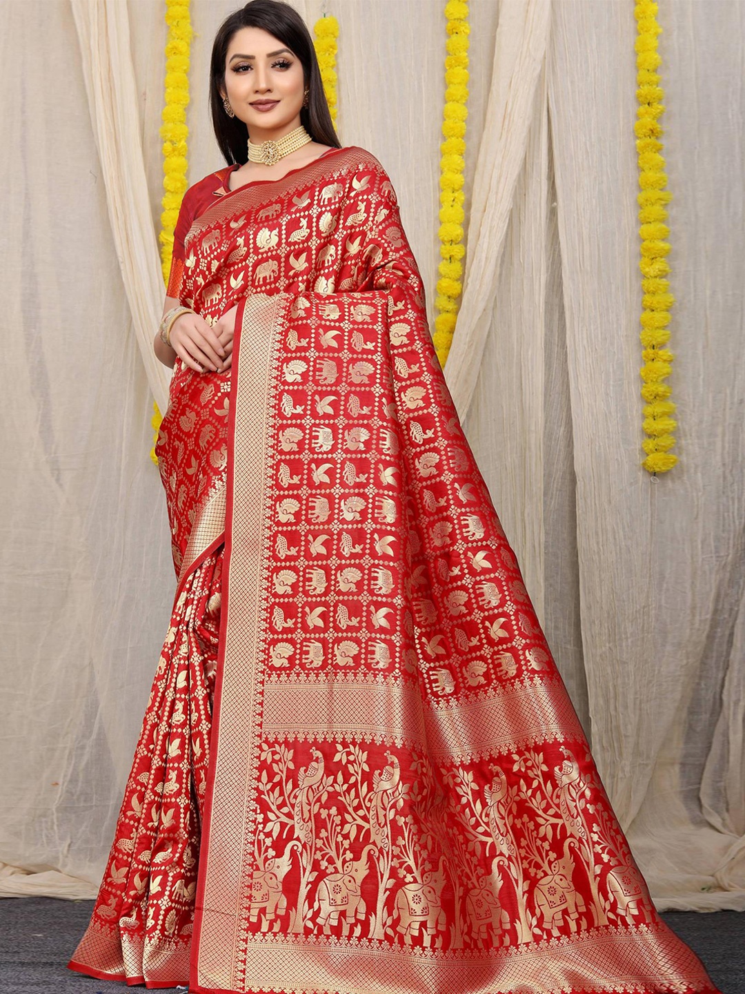 

PATIALAPICKS Woven Design Zari Pure Silk Kanjeevaram Saree, Red