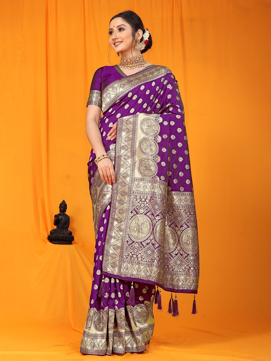 

PATIALAPICKS Woven Design Zari Pure Silk Kanjeevaram Saree, Purple