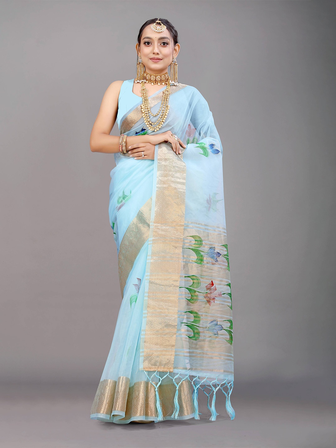 

PATIALAPICKS Floral Printed Zari Pure Silk Paithani Saree, Blue