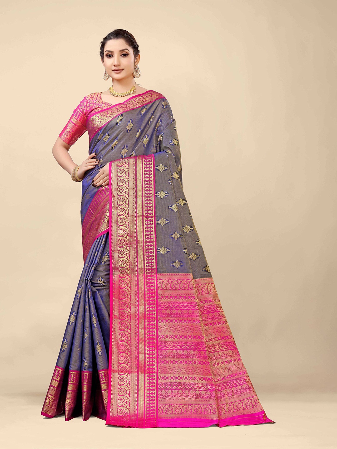 

PATIALAPICKS Woven Design Zari Pure Silk Kanjeevaram Saree, Blue