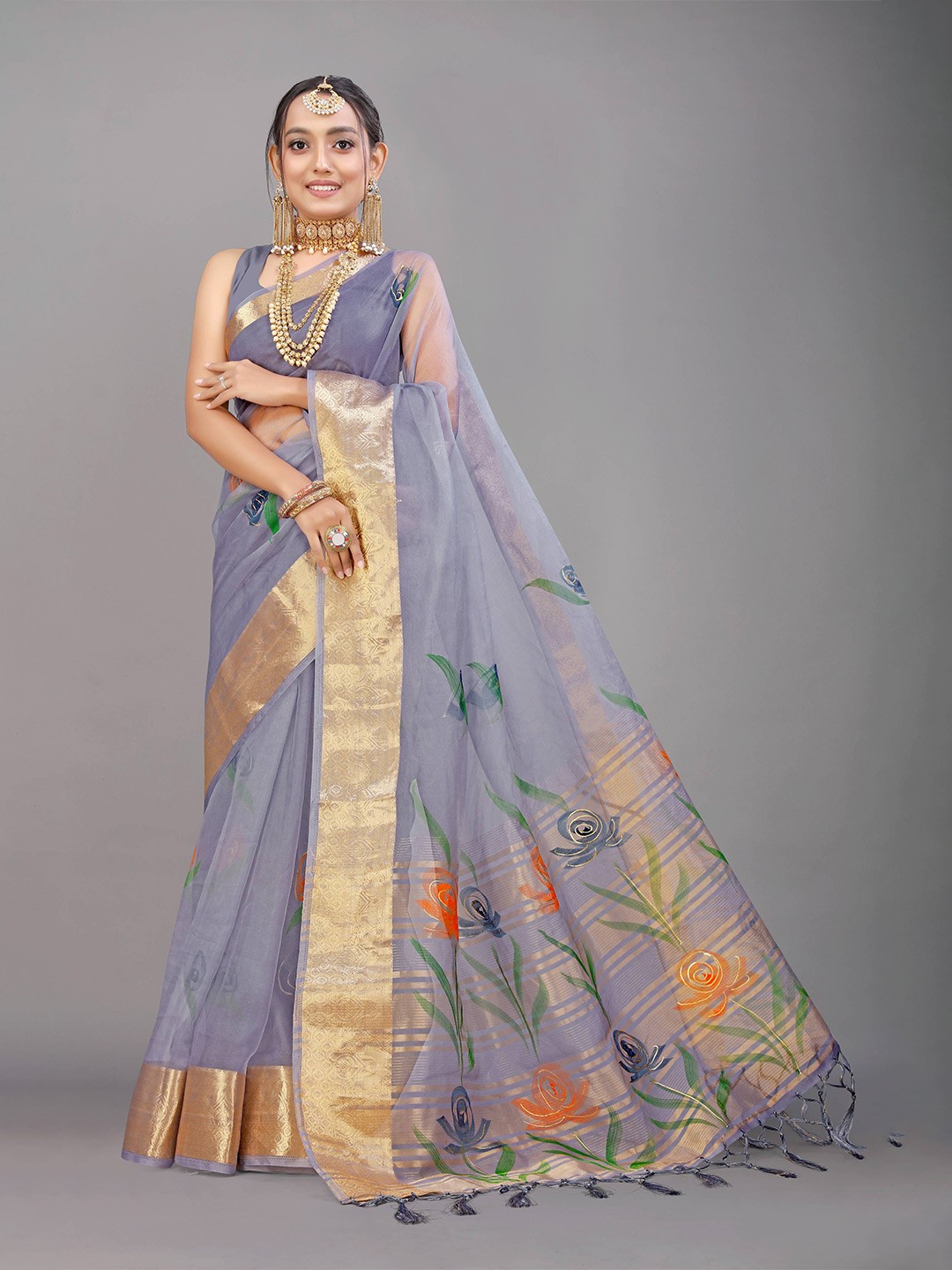 

PATIALAPICKS Women Woven Design Zari Pure Silk Sarees, Grey