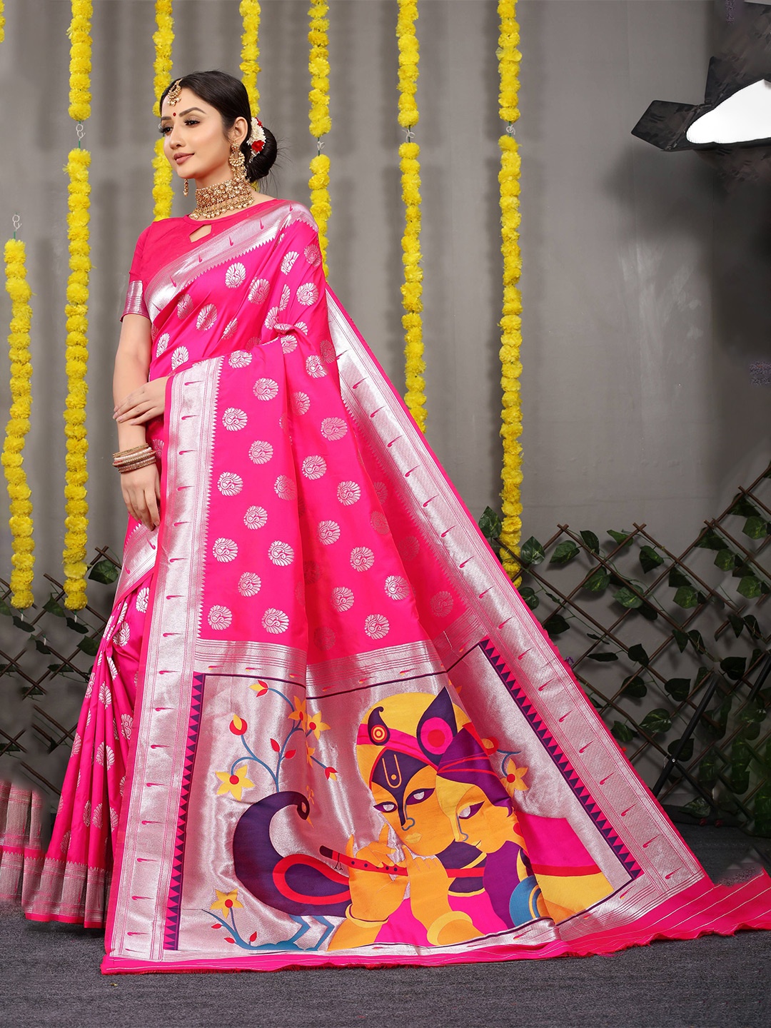 

PATIALAPICKS Ethnic Motifs Woven Design Zari Pure Silk Paithani Saree, Pink