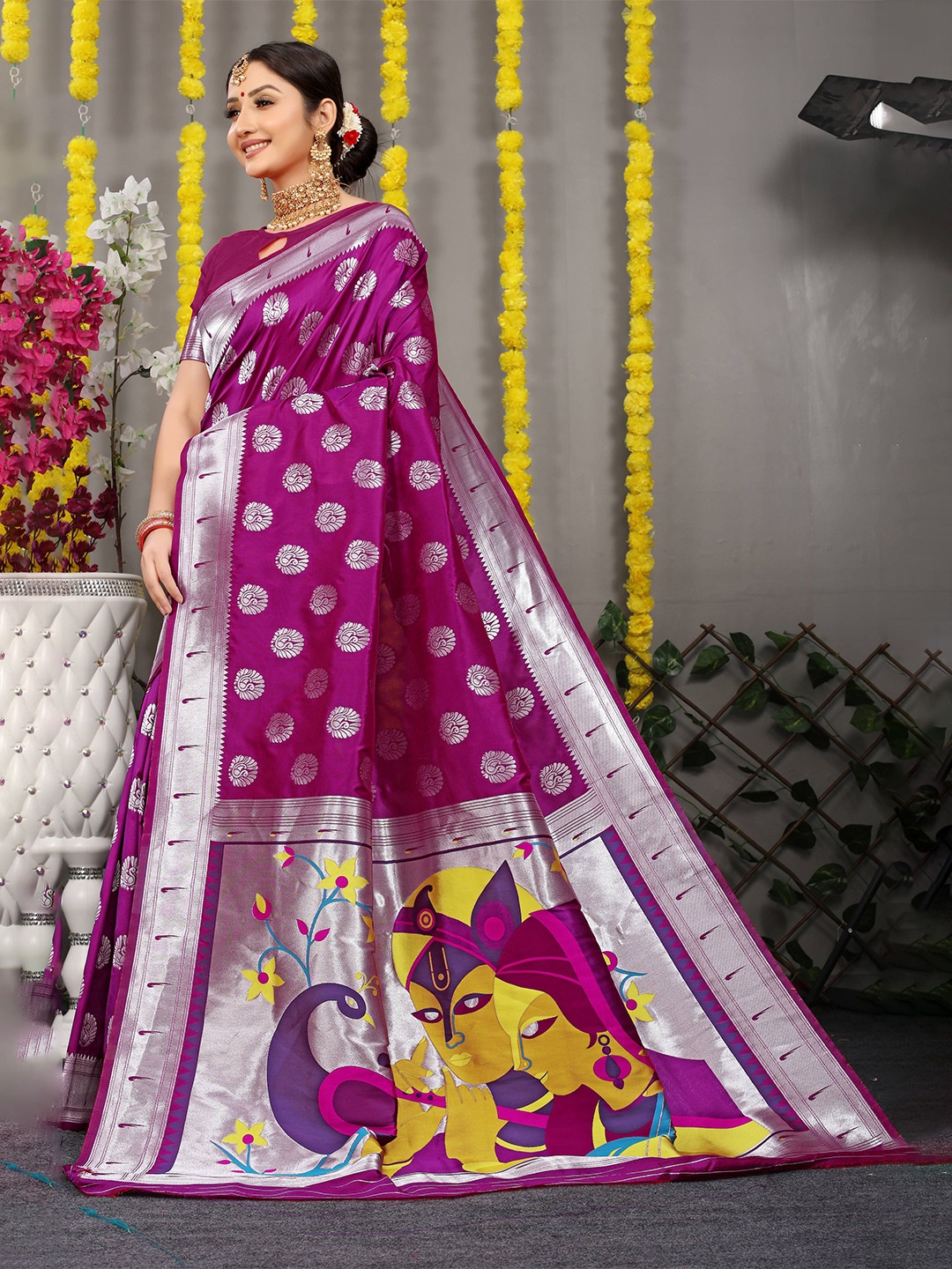 

PATIALAPICKS Woven Design Zari Pure Silk Kanjeevaram Saree, Purple