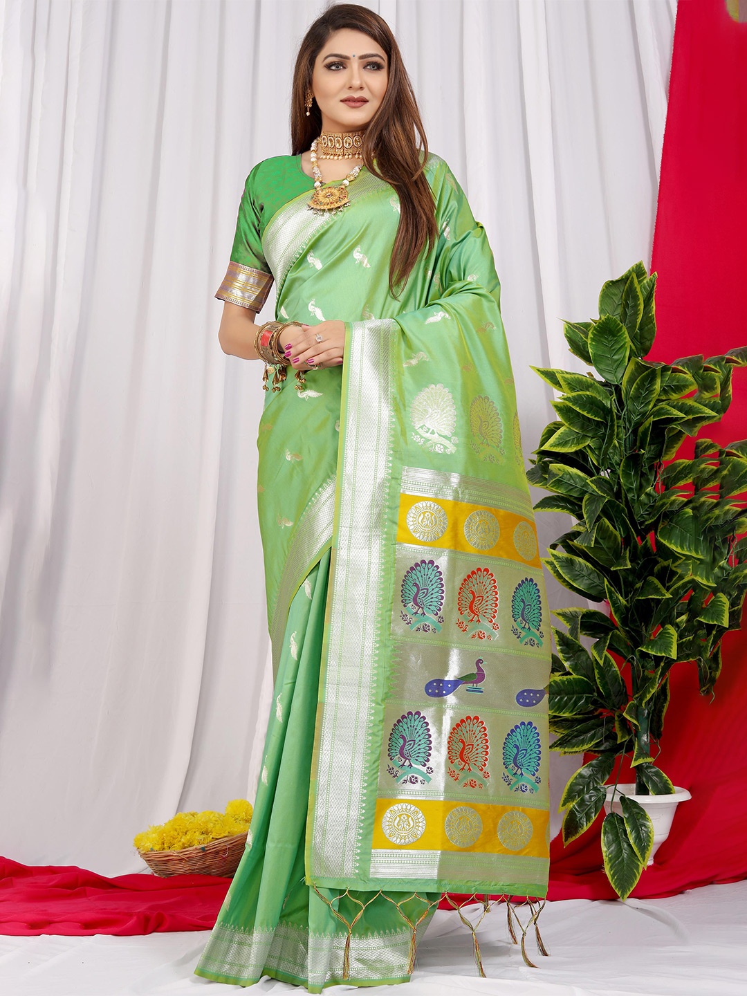 

PATIALAPICKS Ethnic Motifs Woven Design Zari Pure Silk Paithani Saree, Lime green