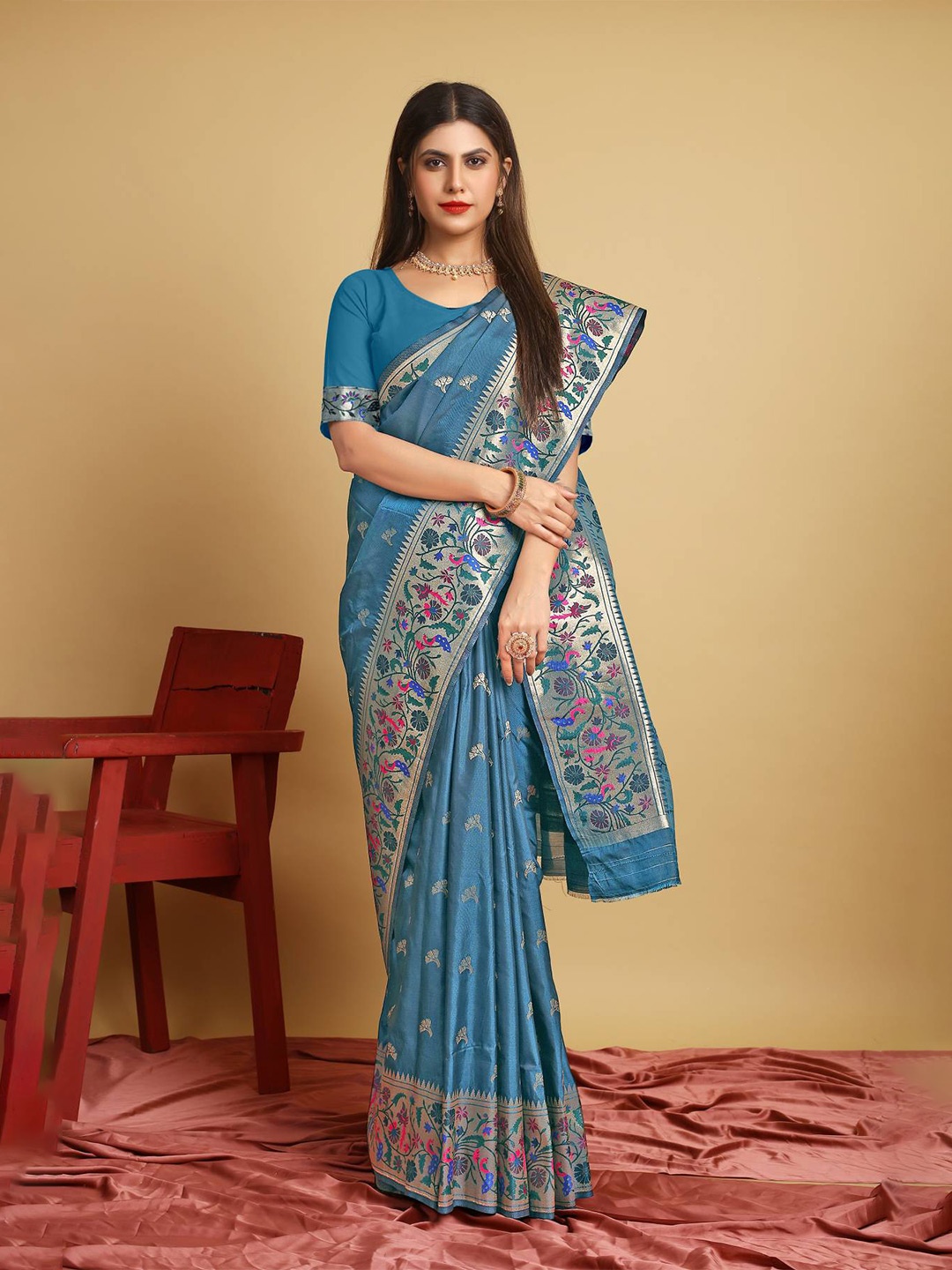 

PATIALAPICKS Ethnic Motifs Woven Design Zari Pure Silk Paithani Saree, Navy blue