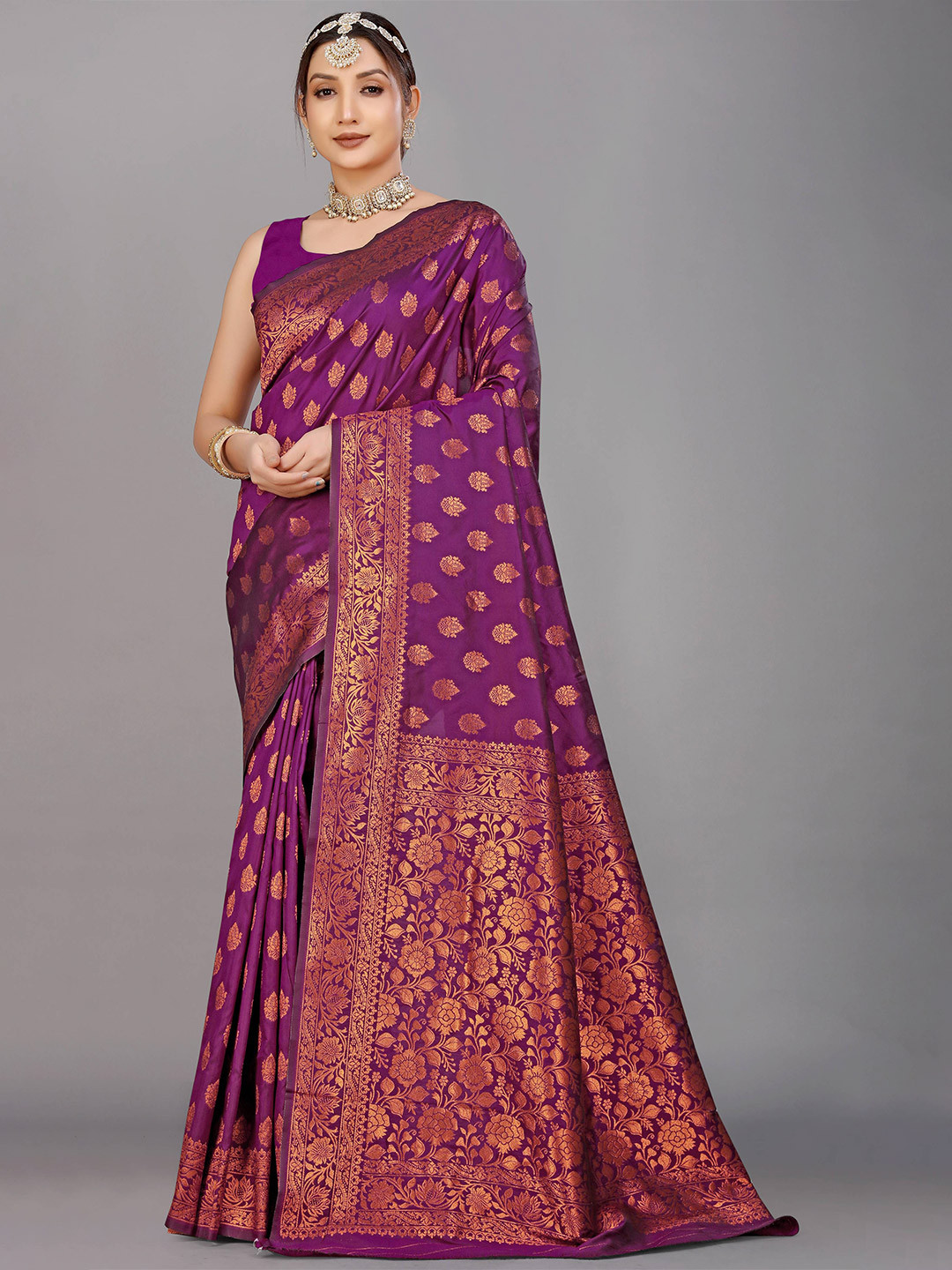 

PATIALAPICKS Ethnic Motifs Woven Design Zari Pure Silk Kanjeevaram Saree, Purple