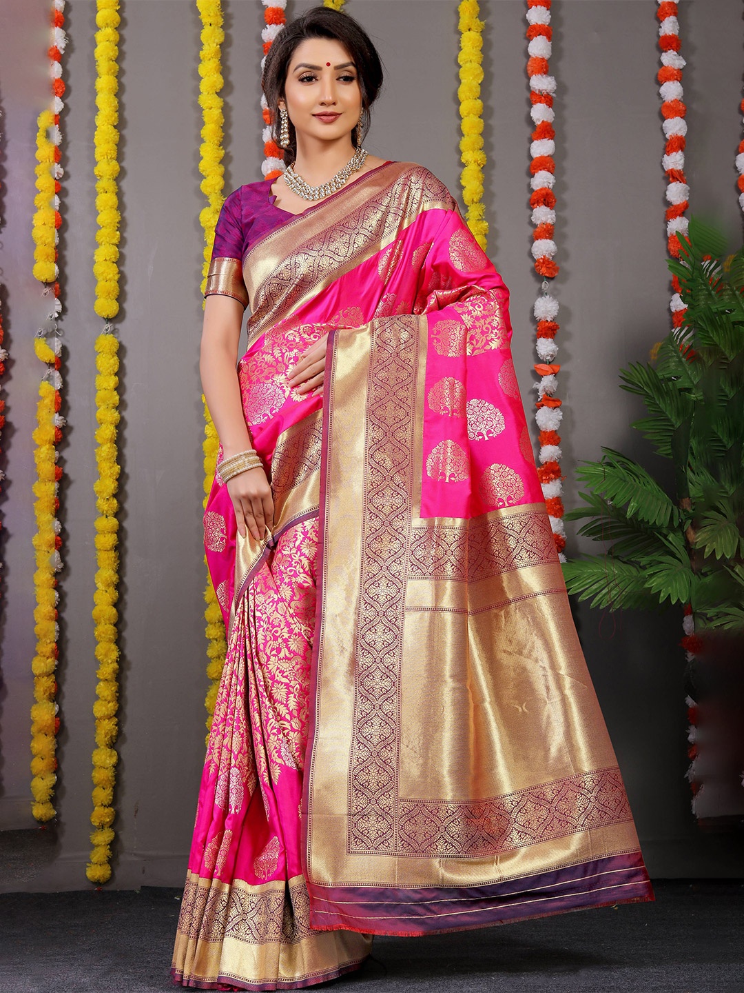 

PATIALAPICKS Ethnic Motifs Woven Design Zari Pure Silk Paithani Saree, Pink