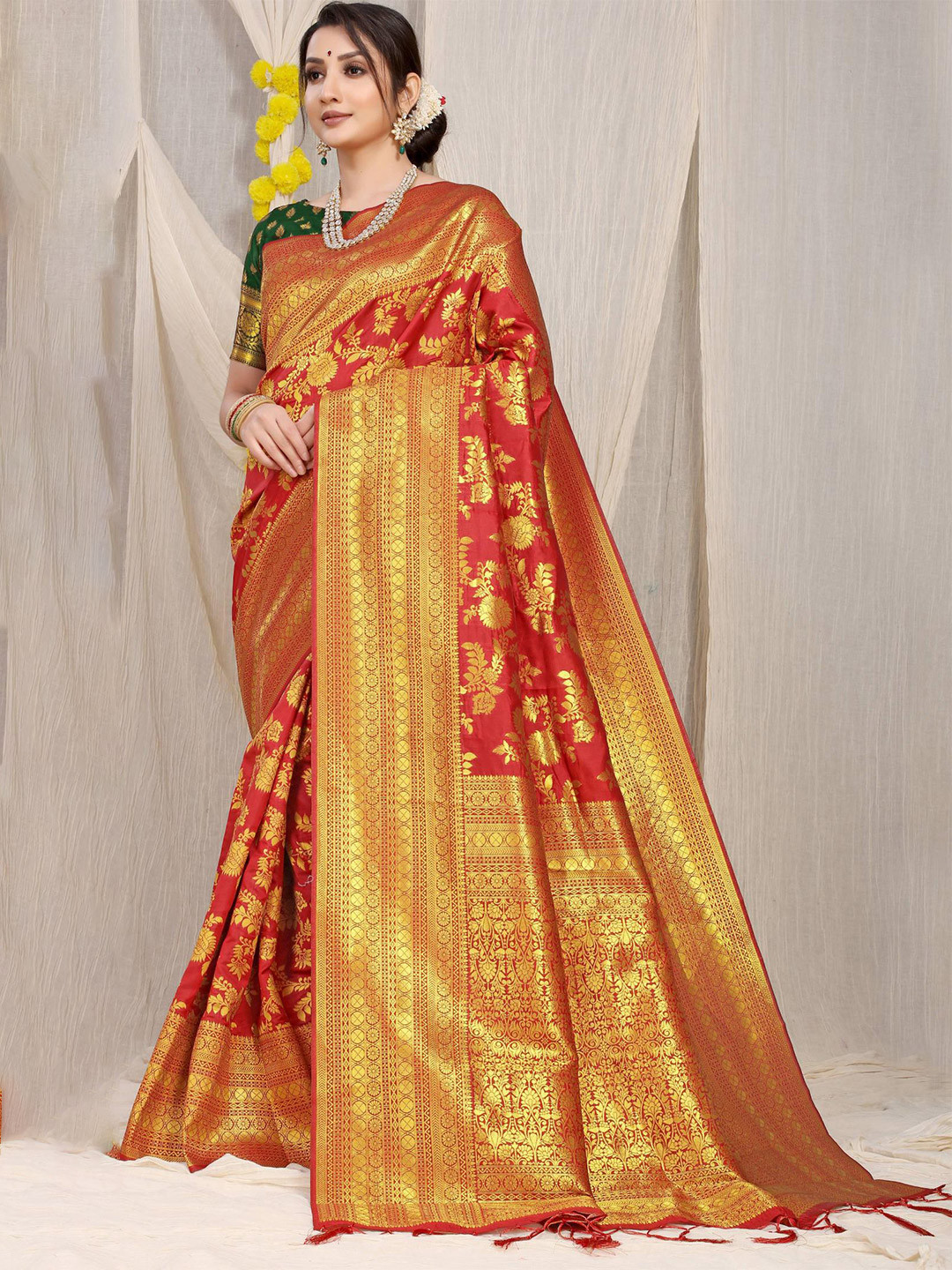 

PATIALAPICKS Ethnic Motifs Woven Design Zari Pure Silk Kanjeevaram Saree, Orange