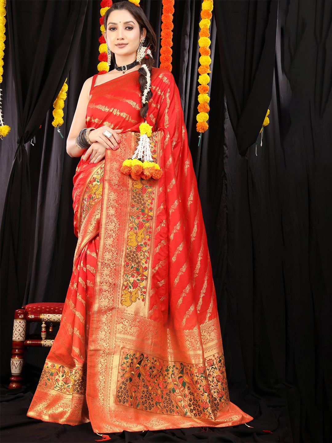 

PATIALAPICKS Ethnic Motifs Woven Design Zari Pure Silk Paithani Saree, Red