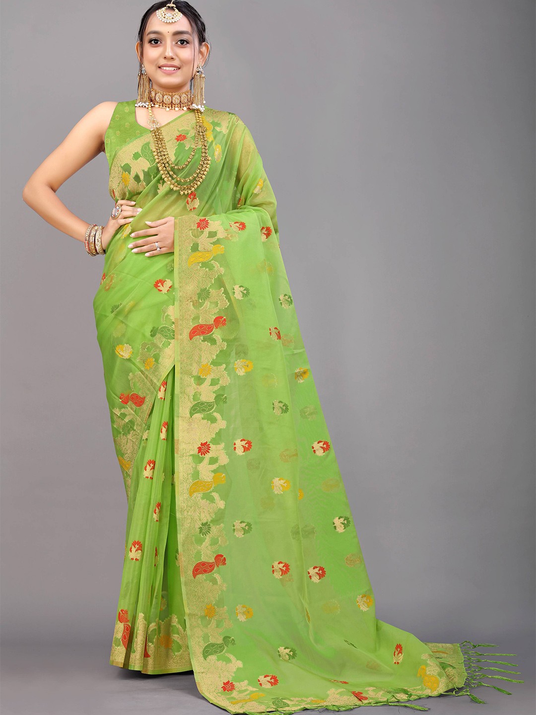 

PATIALAPICKS Woven Design Zari Pure Silk Kanjeevaram Saree, Lime green